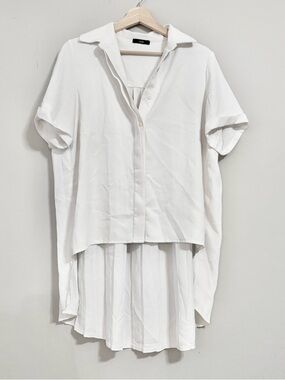 RUTI White High - Low Collared Pleated Button Down Blouse